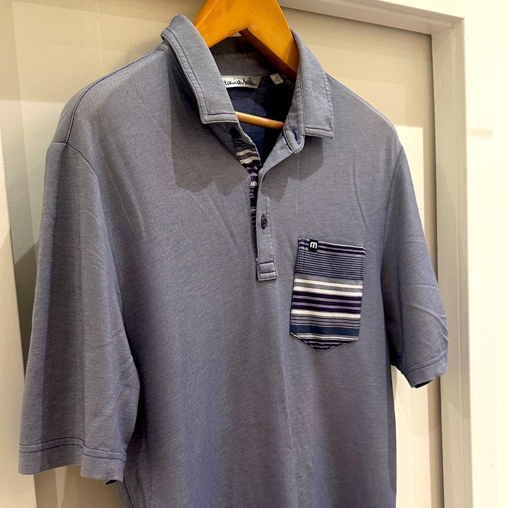Travis Mathew Blue Golf Polo w/ Striped Pocket & Stylish Accented Collar 🔥